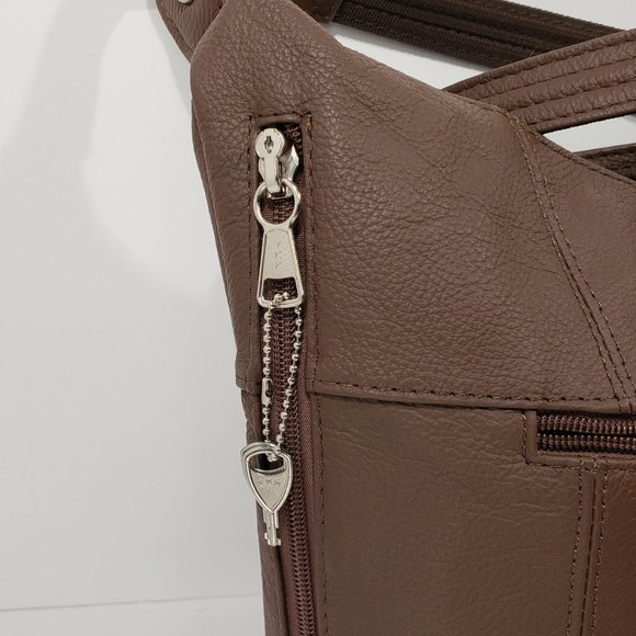 ROMA LEATHERS Concealed Carry Brown Leather Silver Studs Moto Cross Body - Picture 3 of 11